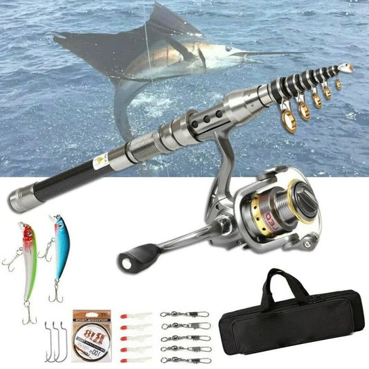 Telescopic Fishing Rod Kit with Carbon Fiber Rod and Spinning Reel, Carry Bag, Tackle