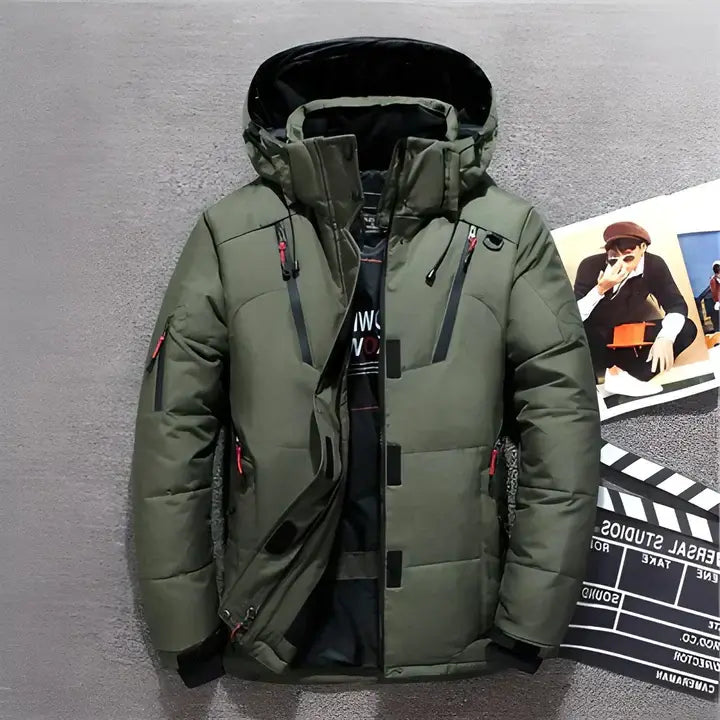Insulated Jacket with Adjustable Hood and Multiple Zippered Pockets, Water-Resistant Shell Avento Goods