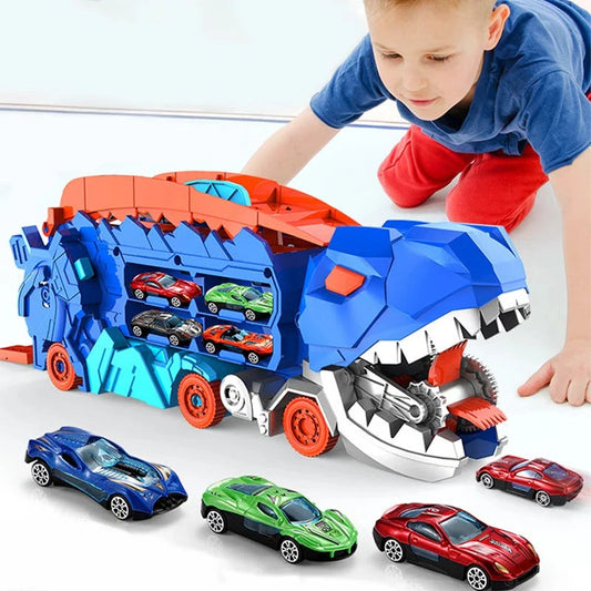 Transforming Dinosaur Truck Playset with Dual Racing Tracks and Hidden Storage, 3 Cars