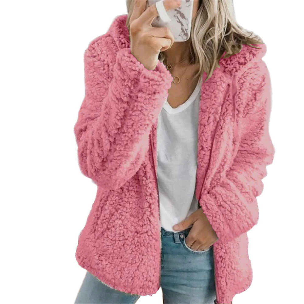 Teddy Coat with Full-Length Zipper and Side Pockets, Plush Fleece Lined Hip-Length