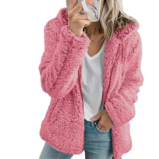 Teddy Coat with Full-Length Zipper and Side Pockets, Plush Fleece Lined Hip-Length
