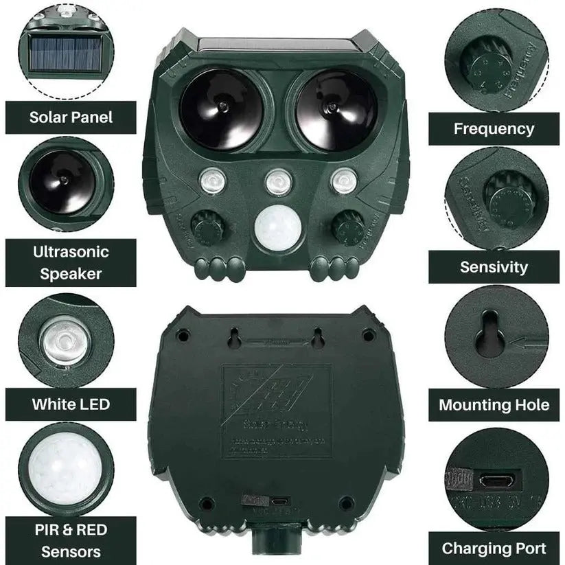 Ultrasonic Animal Repellent with Solar Power and Motion Sensor, Flashing Light Deterrent Avento Goods