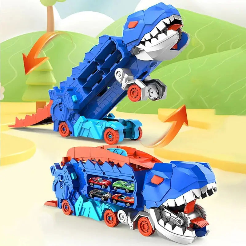Transforming Dinosaur Truck Playset with Dual Racing Tracks and Hidden Storage, 3 Cars Avento Goods