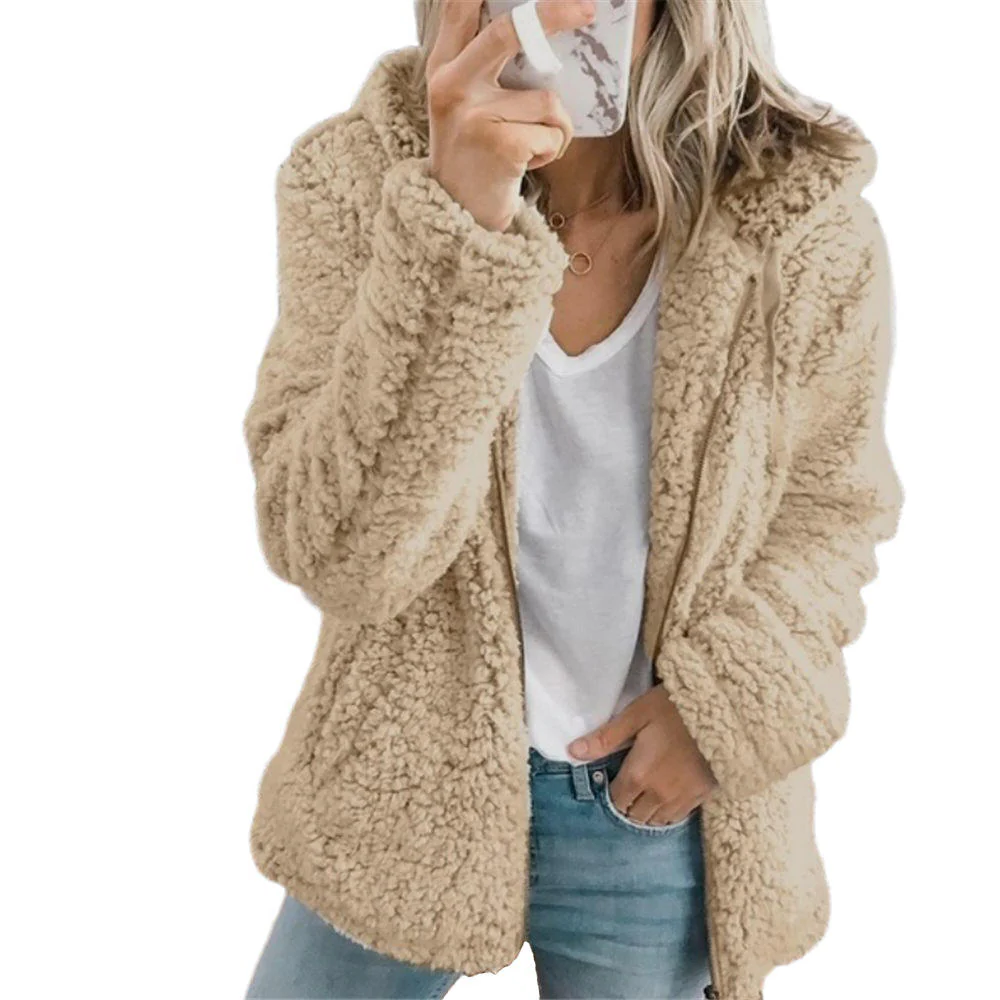 Teddy Coat with Full-Length Zipper and Side Pockets, Plush Fleece Lined Hip-Length