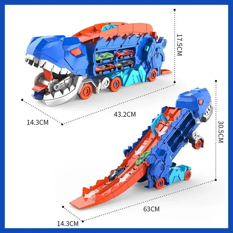 Transforming Dinosaur Truck Playset with Dual Racing Tracks and Hidden Storage, 3 Cars Avento Goods