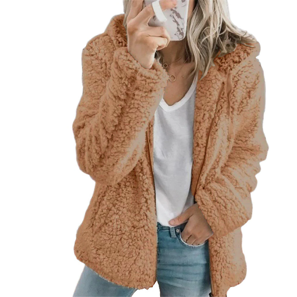 Teddy Coat with Full-Length Zipper and Side Pockets, Plush Fleece Lined Hip-Length