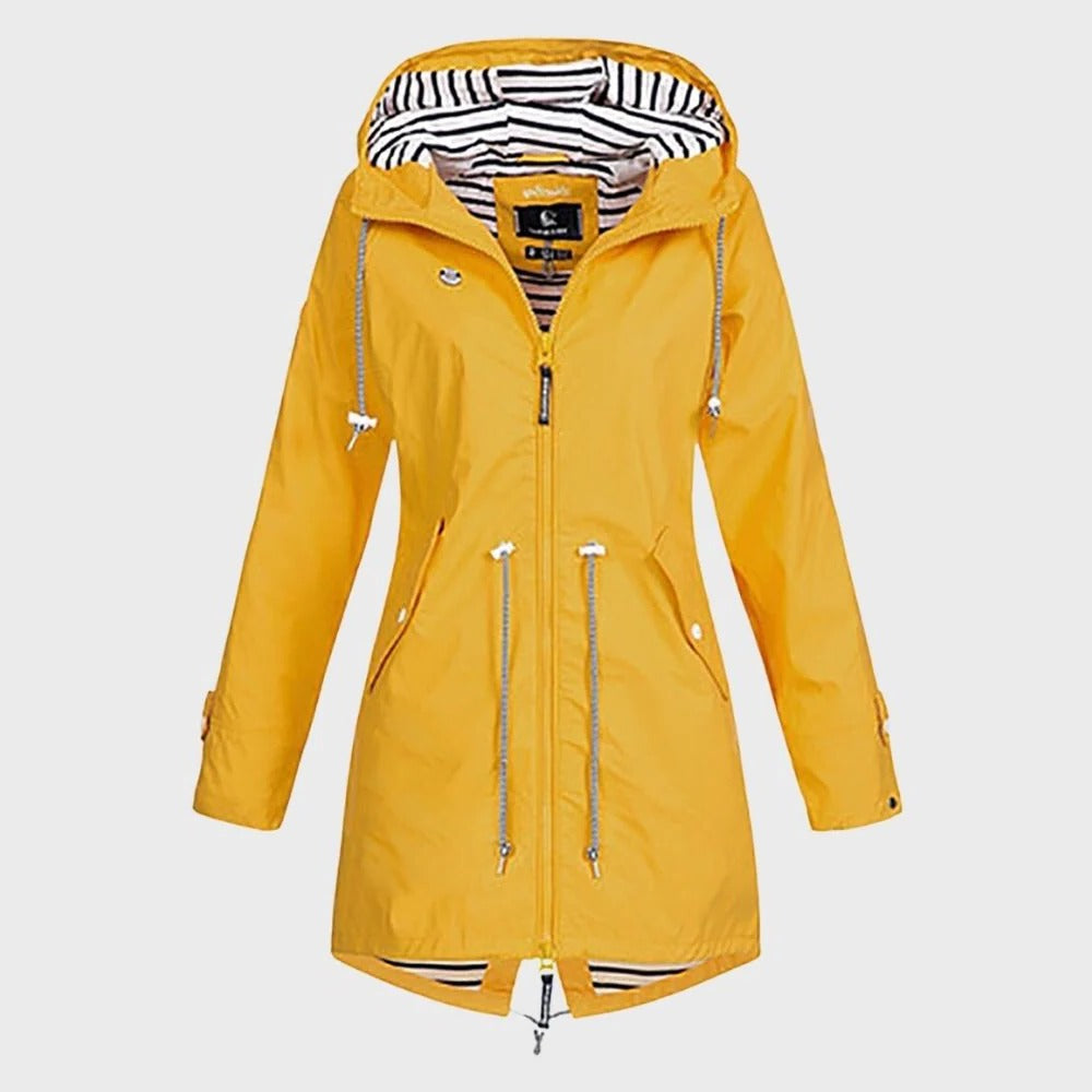 Women's Long Rain Jacket with Adjustable Hood and Breathable Lining, Secure Pockets