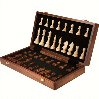 Wood Chess Set with Weighted Pieces and Fixed Base Board, Includes Two Extra Figures