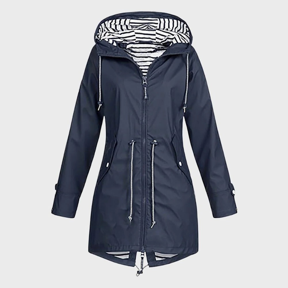Women's Long Rain Jacket with Adjustable Hood and Breathable Lining, Secure Pockets