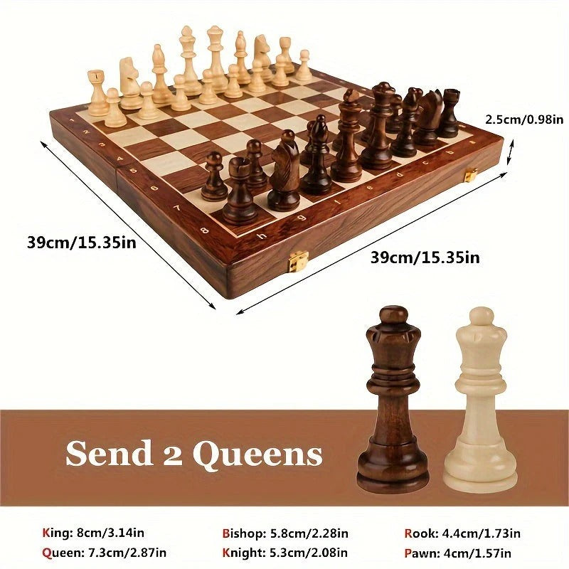 Wood Chess Set with Weighted Pieces and Fixed Base Board, Includes Two Extra Figures