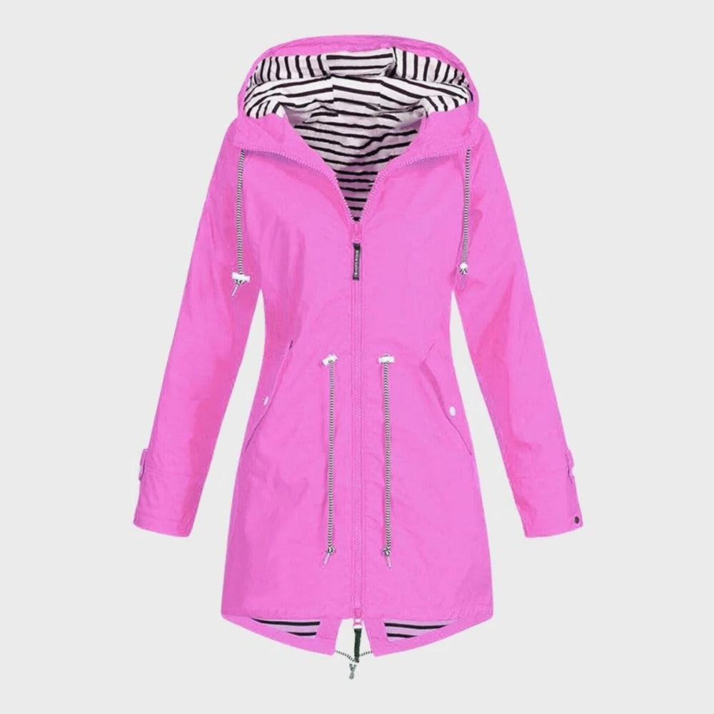 Women's Long Rain Jacket with Adjustable Hood and Breathable Lining, Secure Pockets