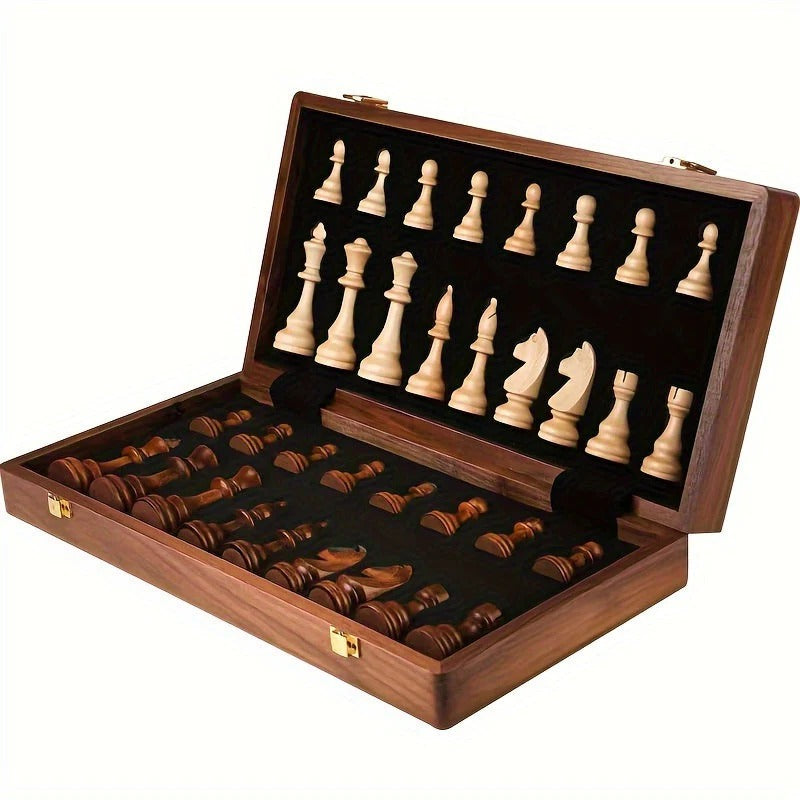 Wood Chess Set with Weighted Pieces and Fixed Base Board, Includes Two Extra Figures