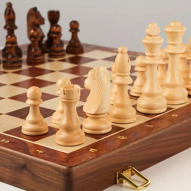 Wood Chess Set with Weighted Pieces and Fixed Base Board, Includes Two Extra Figures