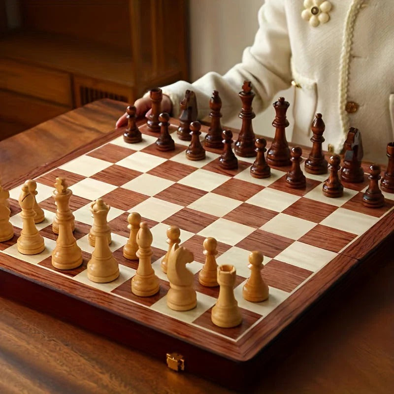Wood Chess Set with Weighted Pieces and Fixed Base Board, Includes Two Extra Figures