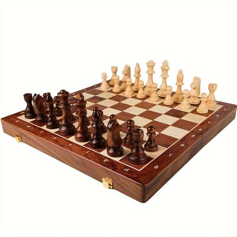 Wood Chess Set with Weighted Pieces and Fixed Base Board, Includes Two Extra Figures