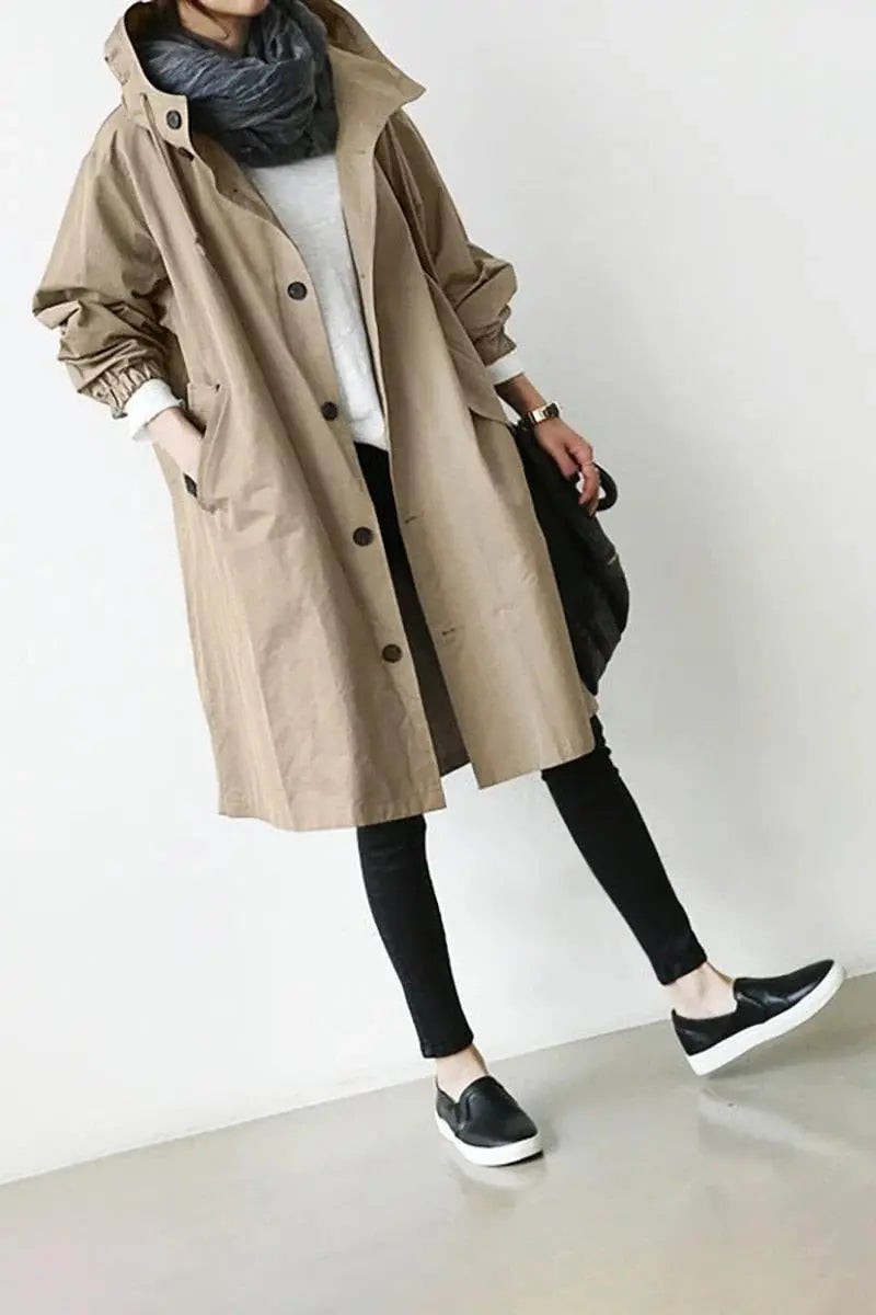 Waterproof Trench Coat with Hood and Tailored Fit, Knit Blend Fabric Avento Goods