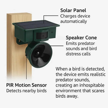 Motion Activated Bird Deterrent with Solar Power and Adjustable Sound, Weather Resistant Avento Goods