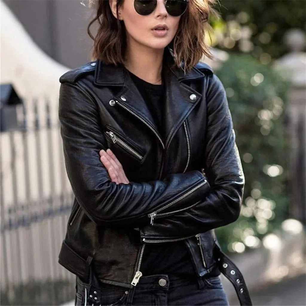 Leather Jacket with Full-Grain Leather and Asymmetrical Zip, Tailored Biker Silhouette Avento Goods