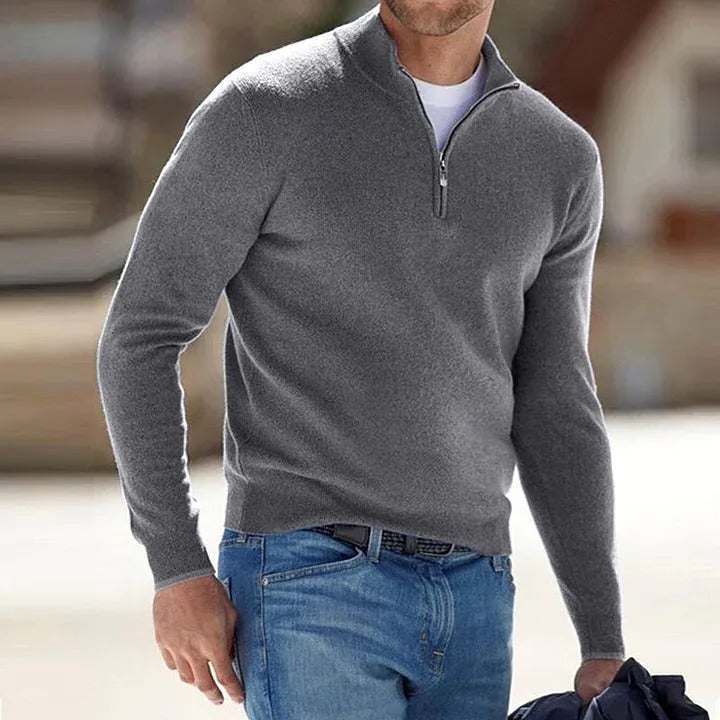Cashmere Sweater with Zip Front and Regular Fit, Lightweight Breathable Knit for Men