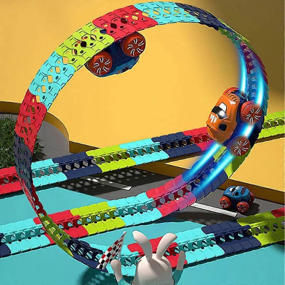 Kids Race Track with Glow-in-the-Dark LED and Flexible Track Segments, Anti-Tip Car Avento Goods