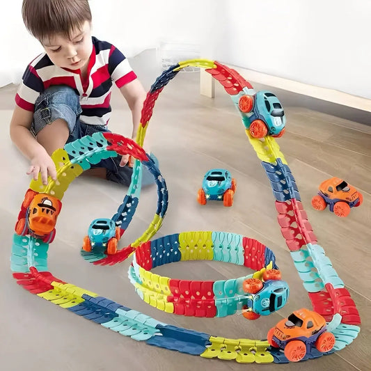 Kids Race Track with Glow-in-the-Dark LED and Flexible Track Segments, Anti-Tip Car Avento Goods