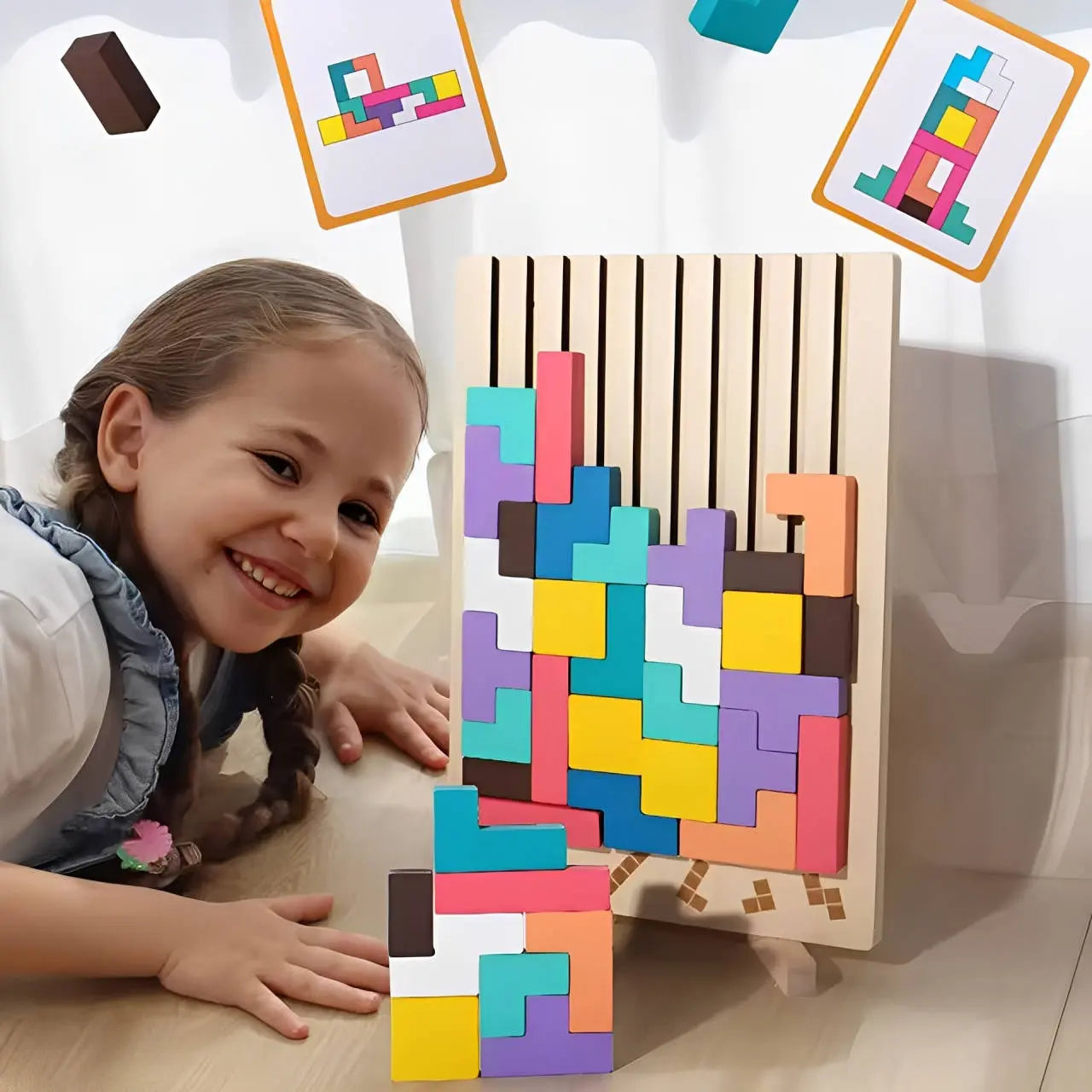Wooden Shape Puzzle Set with Foldout Stand and 42 Blocks, Travel Storage Tray Avento Goods