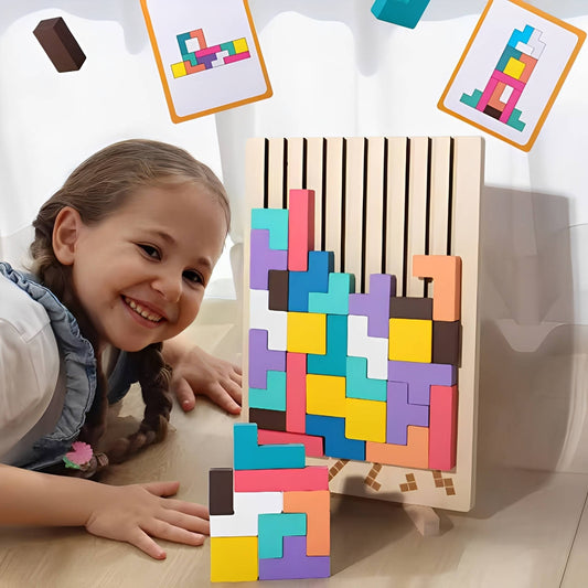 Wooden Shape Puzzle Set with Foldout Stand and 42 Blocks, Travel Storage Tray