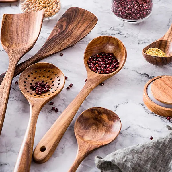 Teak Kitchen Utensil Set with Natural Oil Finish and Heat-Resistant Grip, 8-Piece Avento Goods