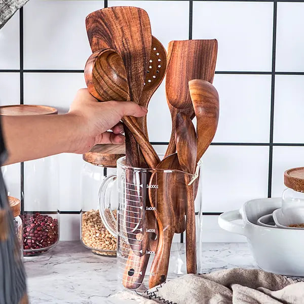 Teak Kitchen Utensil Set with Natural Oil Finish and Heat-Resistant Grip, 8-Piece Avento Goods