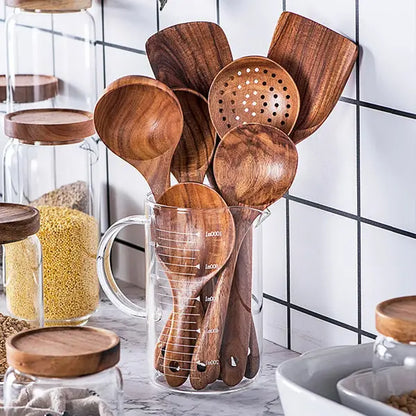 Teak Kitchen Utensil Set with Natural Oil Finish and Heat-Resistant Grip, 8-Piece Avento Goods