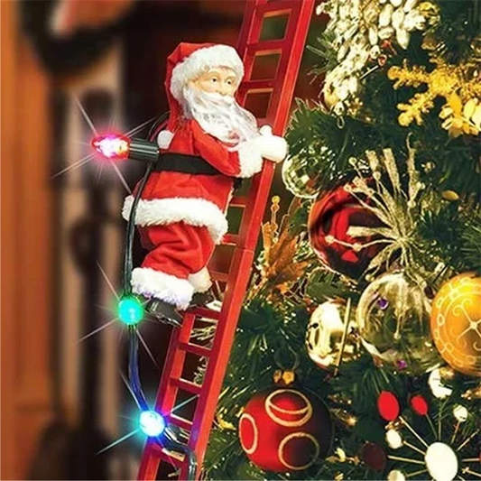 Animated Climbing Santa Ornament with Warm LED Lights and Built-In Music, Ladder Mount