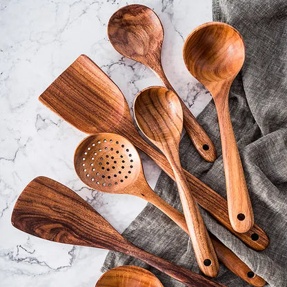Teak Kitchen Utensil Set with Natural Oil Finish and Heat-Resistant Grip, 8-Piece Avento Goods